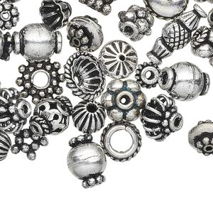 Bead and bead cap, antique silver-plated copper, 4x1mm-11x5mm assorted shape. Sold per pkg of 100.