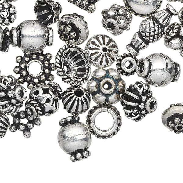 Bead and bead cap, antique silver-plated copper, 4x1mm-11x5mm assorted shape. Sold per pkg of 100. image number 0