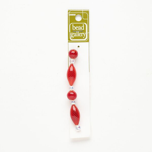 Bead 1pkg4 handblown glass, 11-12mm round / 25x12mm-27x13mm oval / line design, assortment translucent red / black image number 0