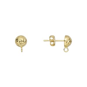 Earstud 1pkg2 sterling silver, 6mm diamond-cut half-ball / closed loop / earnuts, gold-finished 1 pair