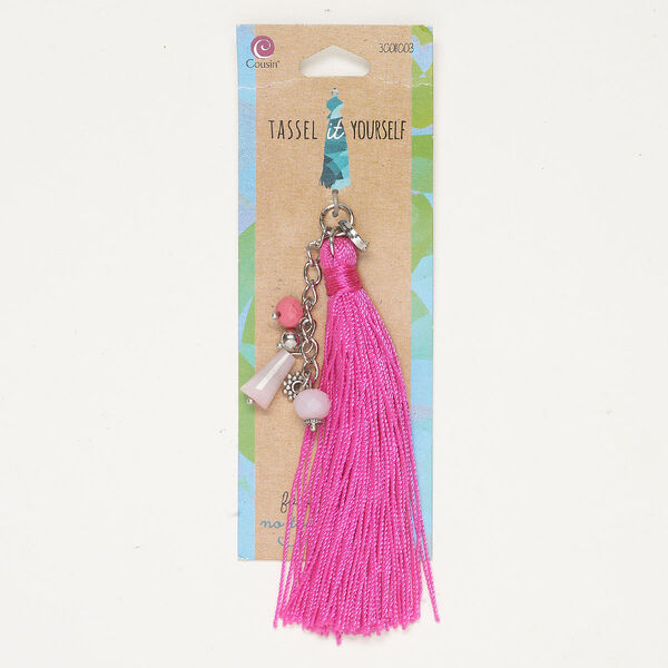 Tassel 1pkg1, silver-finished brass and steel / acrylic / glass / nylon, pink / light pink / bright pink, 4 inches with hinged bail / faceted rondelle / curb chain. image number 0