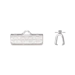 Ribbon crimp end, silver-plated brass, 16x6mm textured rectangle. Sold per pkg of 10.