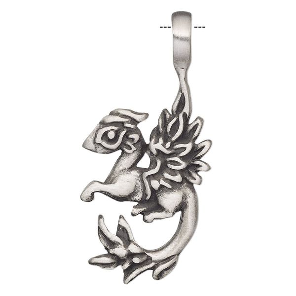 Pendant, Powerful Pewter Pendants, antiqued pewter (tin-based alloy), 52x25mm single-sided baby dragon with 6mm hole. Sold individually. image number 0