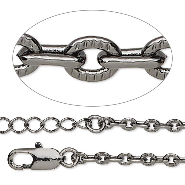 Chain, gunmetal-plated brass, 3mm textured cable, 7-1/2 inches with 1 to 3 inches extender chain and lobster claw clasp. Sold per pkg of 2. image number 0