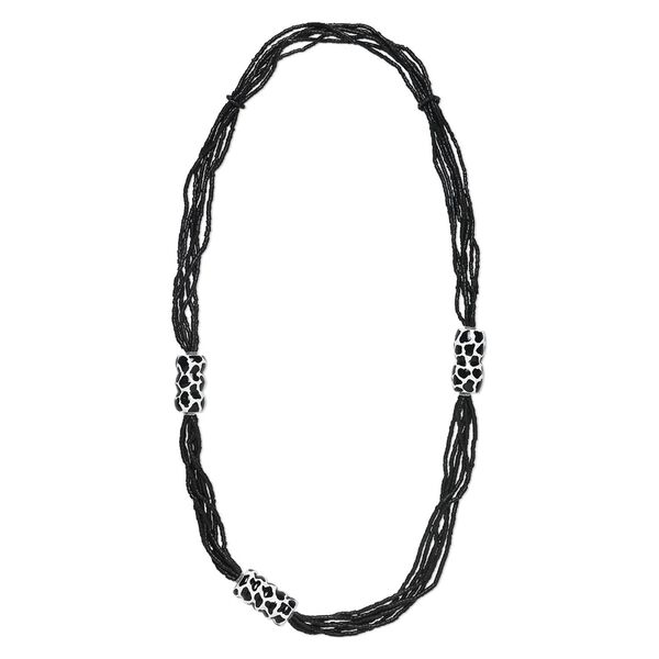 Necklace, Taiwanese cheesewood and coconut shell, black and white, 40x22mm-44x22mm carved round tube, 42-inch continuous loop. Sold individually. image number 0