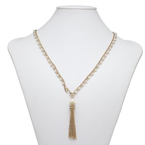 Necklace, 2-strand, acrylic pearl / glass rhinestone / gold-finished steel, white and clear, 3-inch dangle, 36 inches with lobster claw clasp. Sold individually.