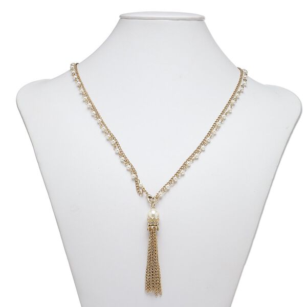 Necklace, 2-strand, acrylic pearl / glass rhinestone / gold-finished steel, white and clear, 3-inch dangle, 36 inches with lobster claw clasp. Sold individually. image number 0