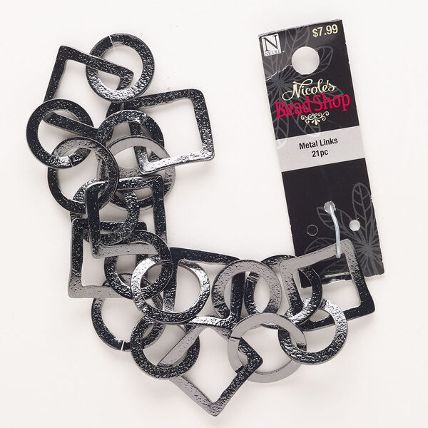 Chain, steel, pkg/14 inches, 33mm textured flat round and 33mm textured flat diamond, black finish. image number 0