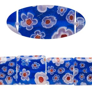 Bead, millefiori glass, translucent cobalt blue and multicolored, 13mm-15x14mm puffed square with flower design. Sold per 14-inch strand.