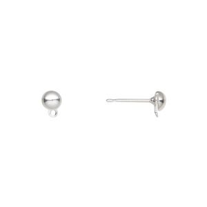 Earstud 1pkg100 silver-plated, 4mm half-ball / closed loop, brass / stainless steel 50 pair