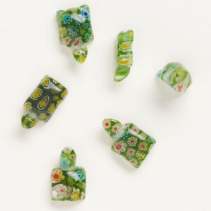 Bead, millefiori glass, translucent green and multicolored, 19x12mm-23x14mm half-drilled turtle. Sold per pkg of 6.