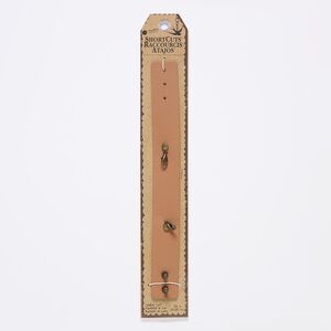 Bracelet component, leather (natural) / antique nickel-finished "pewter" (zinc-based alloy) / steel, tan, 25mm wide with textured design, wearable from 6 to 8 inches with stud button closure and (2) lobster claw clasps. Sold individually.