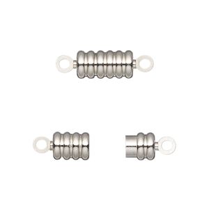 Clasp magnetic 1pkg1, 11.5x6mm ribbed barrel, silver-finished brass 1-strand