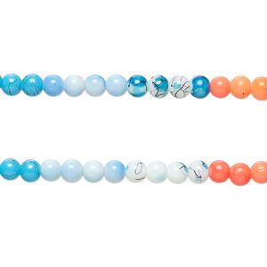 Bead, glass, opaque orange / blue / white, 8-8.5mm round. Sold per pkg of (2) 7-inch strands, approximately 50 beads.