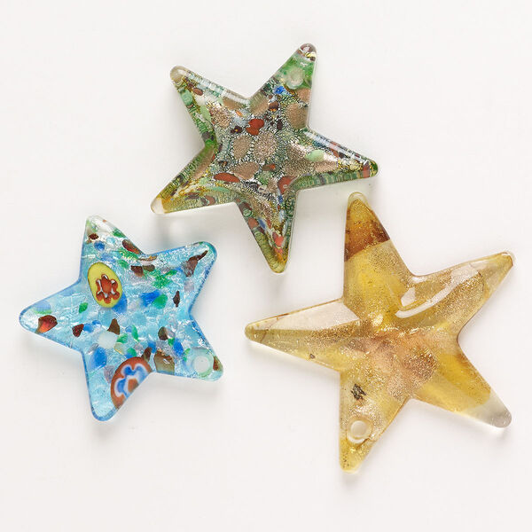 Pressed mix, glass, pkg/3, translucent mixed colors with silver-colored foil and copper-colored glitter, 37x35mm-50x46mm flat-sided and puffed star. image number 0