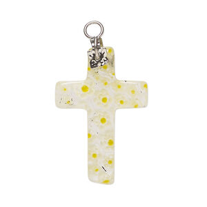 Focal, millefiori glass and silver-finished steel 1pkg1, transparent clear / translucent yellow / white, 29x20mm-31x21mm cross.