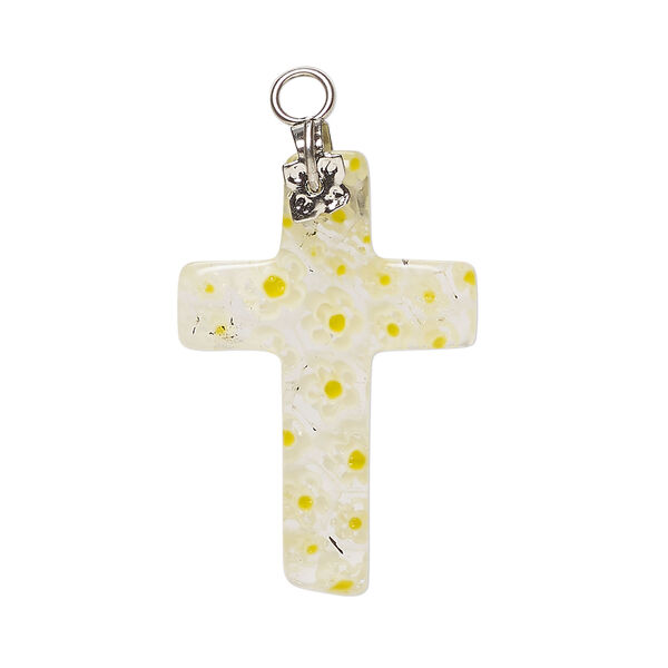 Focal, millefiori glass and silver-finished steel 1pkg1, transparent clear / translucent yellow / white, 29x20mm-31x21mm cross. image number 0