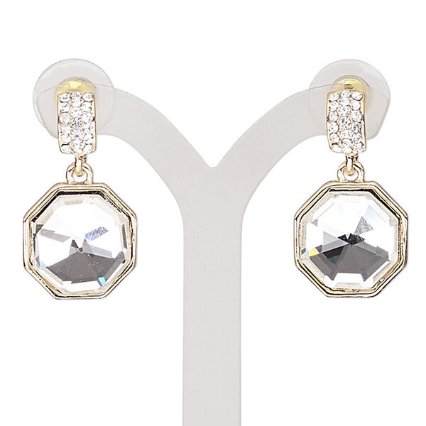 Earring, glass / glass rhinestone / stainless steel / gold-finished "pewter" (zinc-based alloy), clear, 28mm with octagon and post. Sold per pair. image number 0