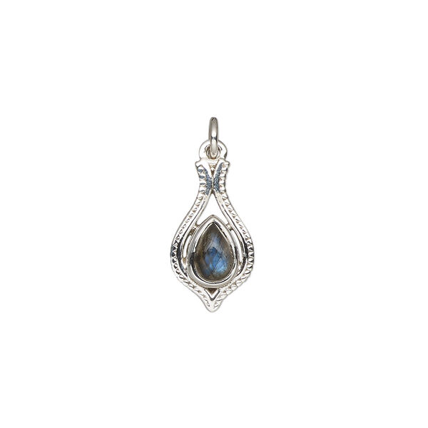 Labradorite / sterling silver 1pkg1, open beaded teardrop drop natural antiqued 15x9mm image number 0