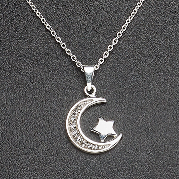 Necklace, Create Compliments®, cubic zirconia and sterling silver, clear, 14x11mm crescent moon with star, 18 inches with springring clasp. Sold individually. image number 0