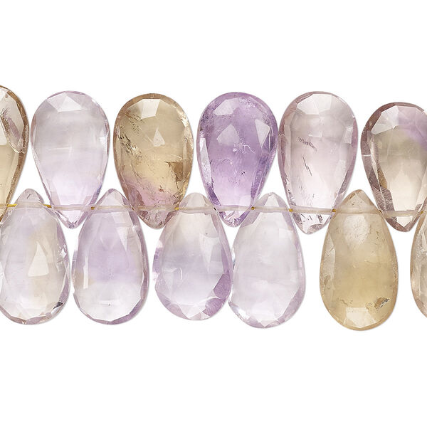 Bead, amethyst / citrine / ametrine (natural / heated), 14x9mm-16x11mm hand-cut top-drilled faceted puffed teardrop, C+ grade, Mohs hardness 7. Sold per 4-inch strand. image number 0