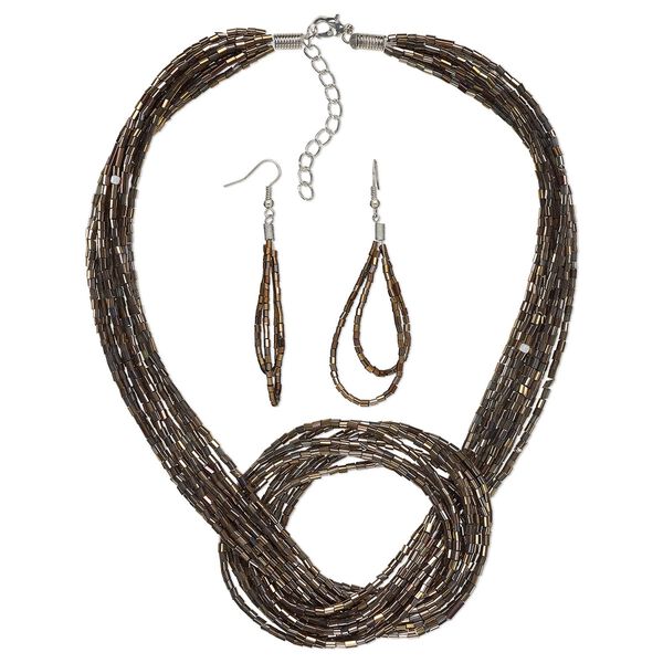 Necklace and earring set, Everyday Jewelry,  imitation rhodium-plated-steel and glass, bronze, 16-inches with 2-inch extender chain, 3-inch earrings with fishhook ear wires, 19 gauge. Sold per set. image number 0