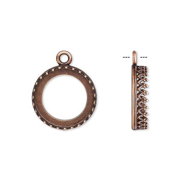 Drop, JBB Findings, antique copper-plated brass, 16mm round with open back and decorative trim, 14mm round bezel setting. Sold per pkg of 2. image number 0