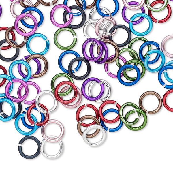 Jump ring mix, anodized aluminum, mixed colors, 6mm round, 4.2mm inside diameter, 18 gauge. Sold per pkg of 100. image number 0