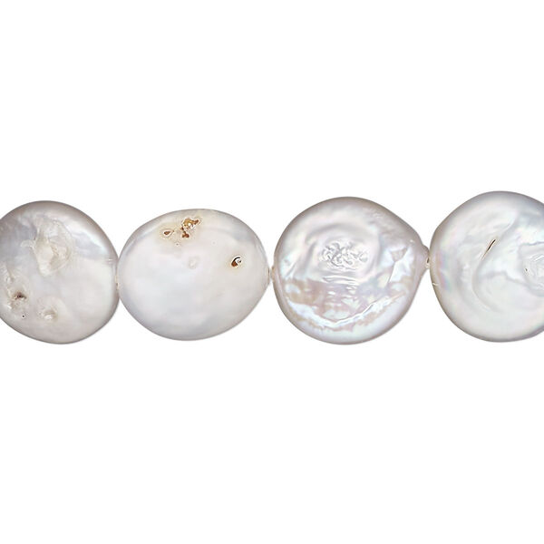 Pearl, cultured freshwater (bleached), white, 10-12mm flat round, C- grade, Mohs hardness 2-1/2 to 4. Sold per 8-inch strand, approximately 15-20 beads. image number 0