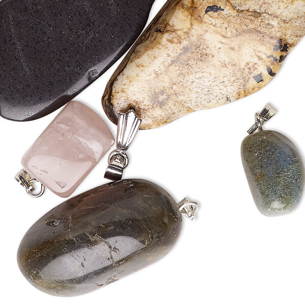 Pendant mix, multi-gemstone (natural / dyed / imitation) / glass / brass / steel, mixed colors, small to extra-large nugget. Sold per 1/4 pound pkg, approximately 15 pendants. image number 0