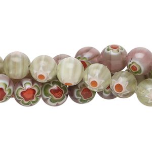 Bead, millefiori glass, translucent purple and multicolored, 8mm round. Sold per pkg of (3) 14-inch strands.