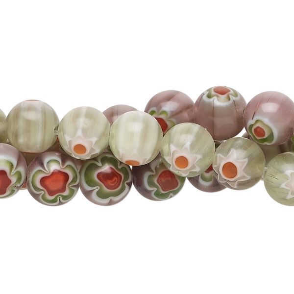 Bead, millefiori glass, translucent purple and multicolored, 8mm round. Sold per pkg of (3) 14-inch strands. image number 0