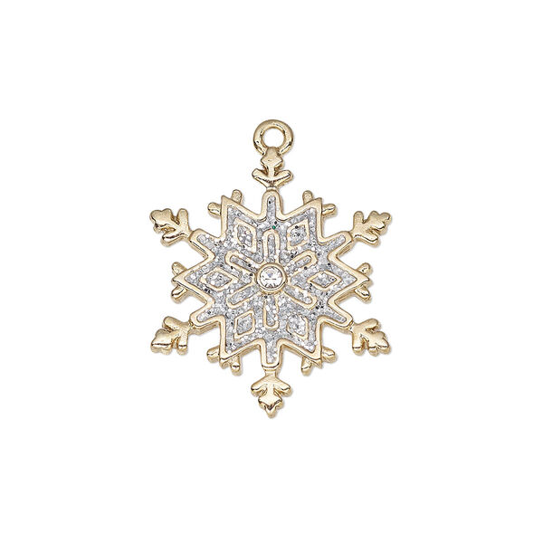 Charm, enamel / glass rhinestone / gold-finished "pewter" (zinc-based alloy), clear and white with silver-colored glitter, 22x19.5mm single-sided snowflake. Sold individually. image number 0