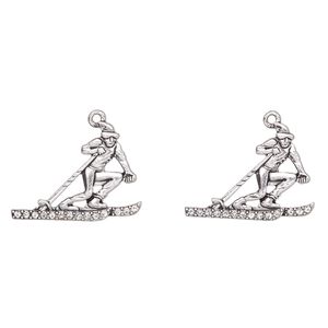 Focal, antique silver-finished "pewter" (zinc-based alloy) and glass, clear, 30x23mm skier. Sold per pkg of 2.