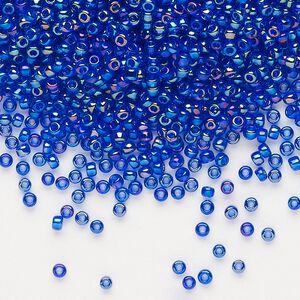 Seed bead, Dyna-Mites™, glass, pkg/1/2kg, #11 round, translucent rainbow cobalt, (14R 11/0 RR).