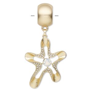 Pendant, scarf, glass rhinestone / gold-coated plastic / gold-finished "pewter" (zinc-based alloy), clear and opal, 3-1/4 inches with 51x42mm open flower and tube bail. Sold individually.