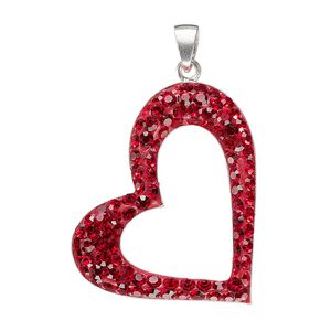 Pendant, Preciosa glass rhinestone / epoxy / sterling silver, red, 30x25mm single-sided open heart. Sold individually.