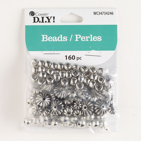 Bead mix, silver-finished copper, 3-8mm round and 6x4mm-12x8mm rondelle. Sold per pkg of 160. image number 0
