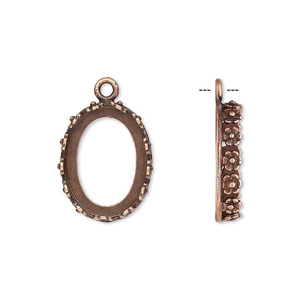 Drop, JBB Findings, antique copper-plated brass, 18x14mm oval with open back and flower design trim, 16x12mm oval bezel setting. Sold per pkg of 2. image number 0