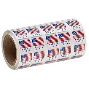 Adhesive label, paper, white / red / blue, 1/2 inch square with USA flag and "MADE IN USA." Sold per pkg of 50.