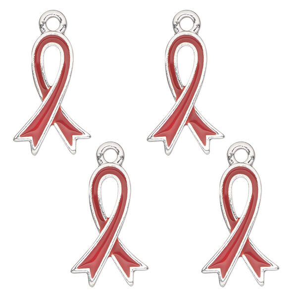Charm, antique silver-finished enamel "pewter" (zinc-based alloy), red, 18x12mm single-sided awareness ribbon. Sold per pkg of 4. image number 0