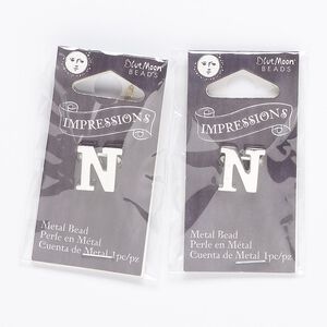 Bead, silver-finished "pewter" (zinc-based alloy), 13mm top-drilled alphabet letter "N" with 2mm hole. Sold per pkg of 2.