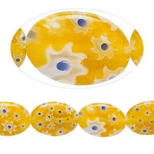 Bead, millefiori glass, translucent golden orange / cobalt blue / white, 13x9mm-14x10mm puffed oval. Sold per 14-inch strand.