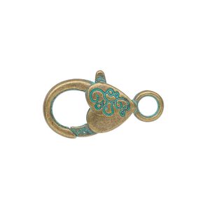 Clasp lobster claw 1pkg6 brass-plated / patina "pewter" (zinc alloy), 19.5x12.5mm double-sided, green antique 1-strand