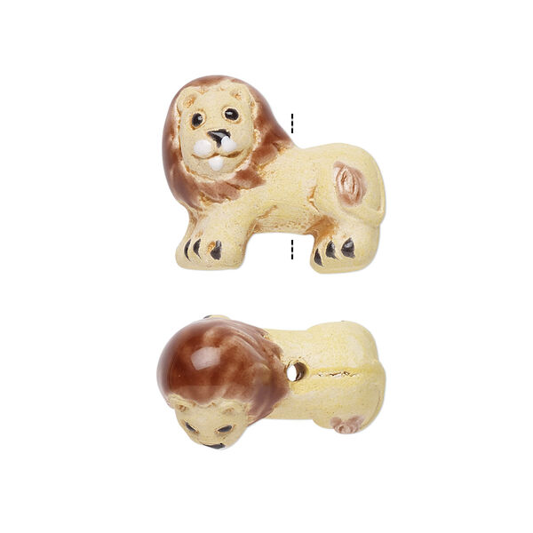 Bead, glazed ceramic, multicolored, 21x15mm hand-painted lion. Sold per pkg of 2. image number 0