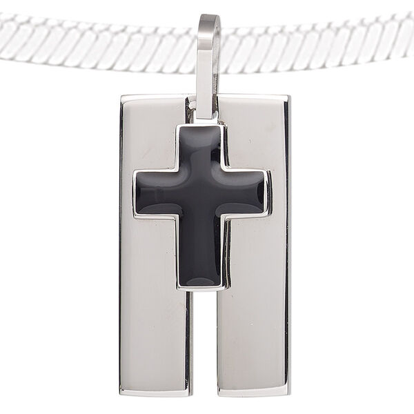 Pendant, epoxy and stainless steel, black, 35x20mm rectangle. Sold individually. image number 0