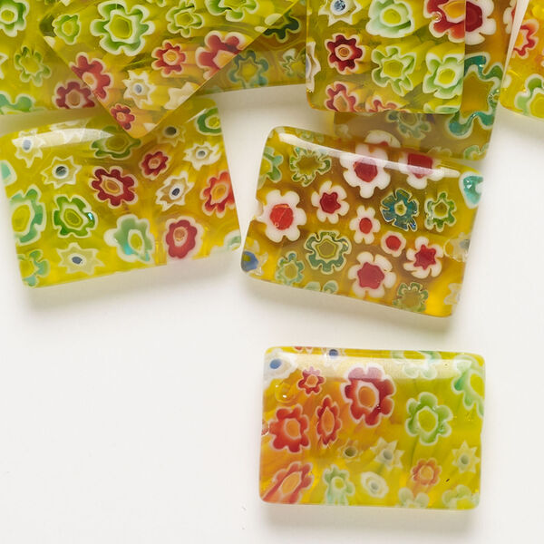 Bead, millefiori glass 1pkg2oz, translucent yellow-orange and multicolored, 18x13mm puffed rectangle. image number 1