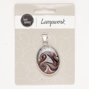 Pendant brass lampworked glass 1pk 34x27mm-35x27mm oval, silver finish black copper-colored glitter