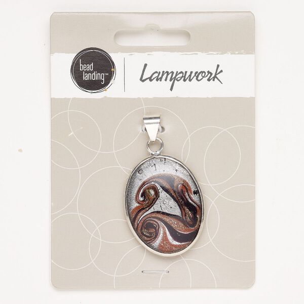 Pendant brass lampworked glass 1pk 34x27mm-35x27mm oval, silver finish black copper-colored glitter image number 0