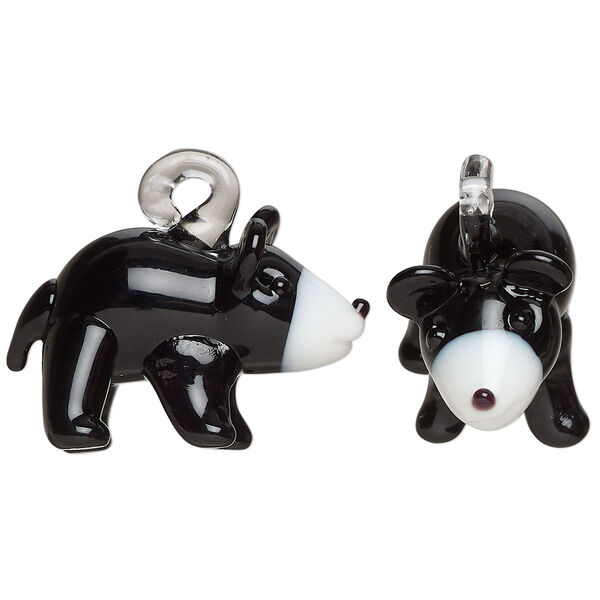 Drop, lampworked glass, opaque black and white, 33x21mm 3D bear. Sold individually. image number 0